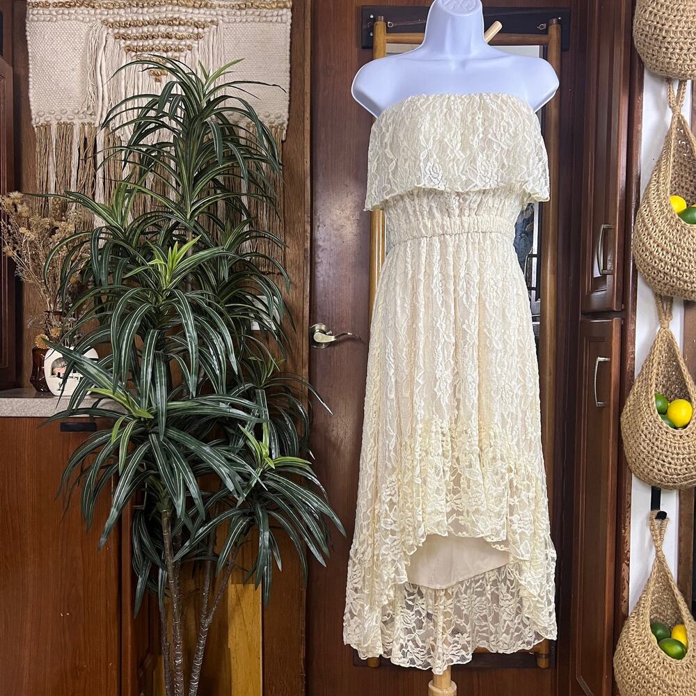 Boho Lace Crochet High Low Dress Womens S Cream Strapless Prairie Festival Maxi